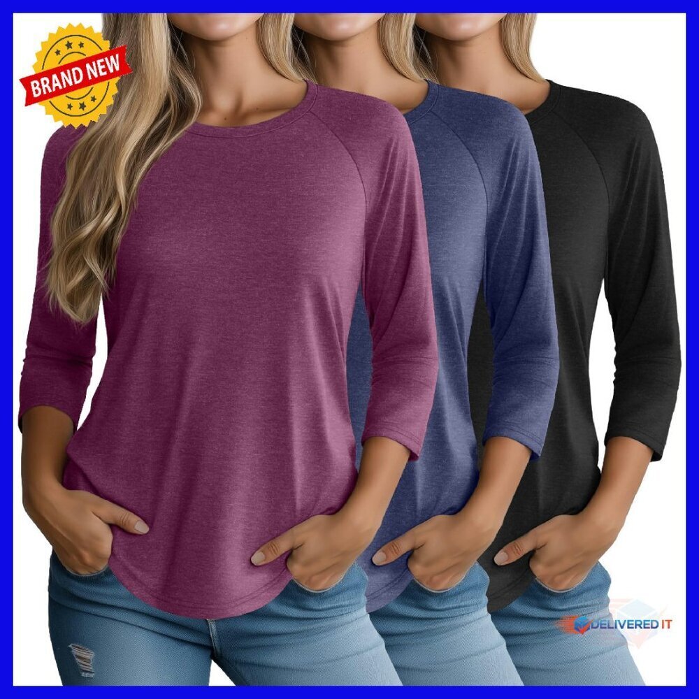 3-Pack 3/4 Sleeve Raglan Tees Loose Fit Tunic Tops Women's Basics